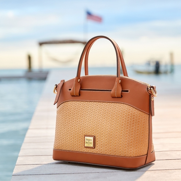 Dooney & Bourke Handbags - NWT Dooney and Bourke Beacon Woven Domed Satchel Embossed Leather Natural Brown